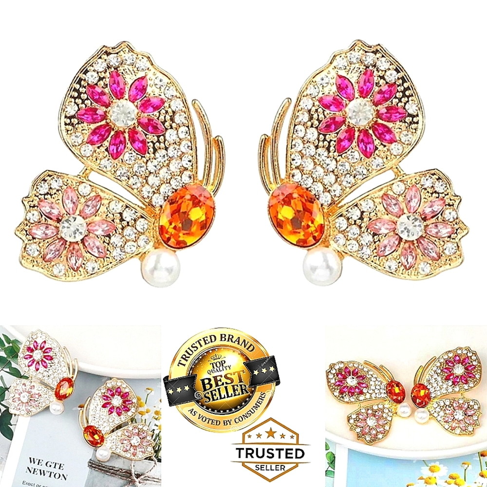 Retro style gold plated pink Orange white crystal flower butterfly earrings